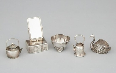 Three Asian Silver Novelty Pepper Casters and Two Salt