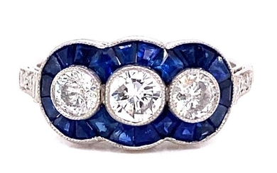 Three Diamond Platinum Sapphire Ring