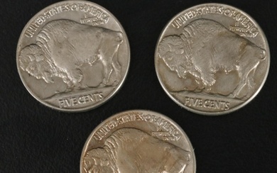 Three Different United States Buffalo Nickels with a 1935
