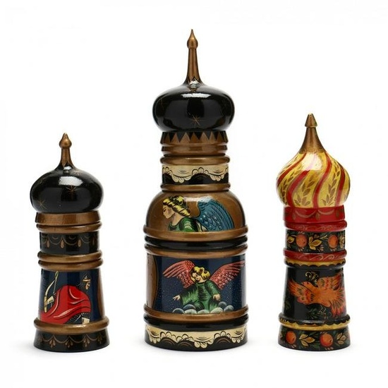 Three Russian Lacquered Stacking Dome Boxes