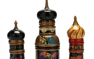 Three Russian Lacquered Stacking Dome Boxes