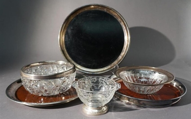Three Silver Plated Wood Trays and Two Sterling Mounted Cut Glass Bowls and a Condiment Dish