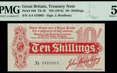 Treasury Series, John Bradbury, first issue 10 shillings, ND (14 August 1914), serial number A/...