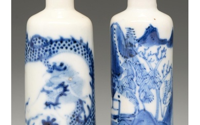 Two Chinese blue and white snuff bottles, 19th / 20th c, cyl...