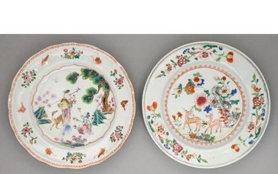Two Chinese famille rose plates, c1770, one enamelled and gi...