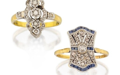 Two French Art Deco diamond cluster rings, one a rectangular panel set in the centre with a single old-brilliant-cut diamond with rose-cut diamond and calibré sapphire decoration, ring size Q; the other of rose-cut diamond up finger design (some...
