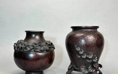 Two Japanese Bronze Vases with High Relief Floral Decoration, Meiji Period