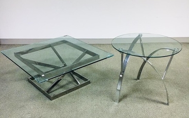 Two Modern Glass-top Chromed Metal Tables, ht. to 23 3/4, lg. to 36 in.