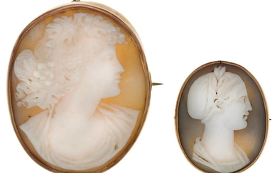 Two Shell Cameo Brooches The larger circa 1880, mounted in 9ct gold, with dents and abrasions.