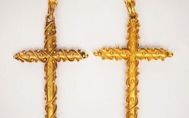 Two crosses in yellow gold, decorated with small beads and...