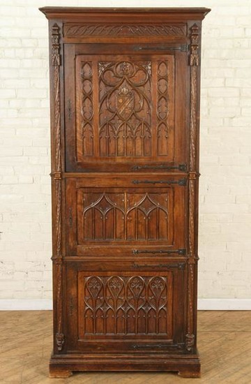 UNUSUAL 3-DOOR GOTHIC STYLE CARVED CABINET C.1900