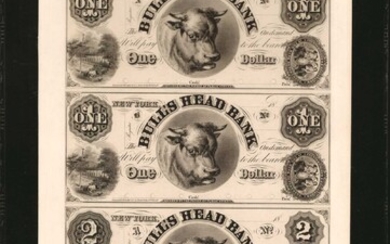 Uncut Sheet of (4) New York, New York. Bull's Head Bank of the City of New York. 1850s. $1-$1-$2-$2. PMG Gem Uncirculated 65 EPQ. Proof ...