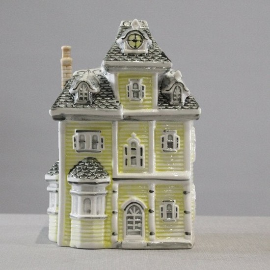 Unique Glazed Ceramic House Cookie Jar with Roof Cover.
