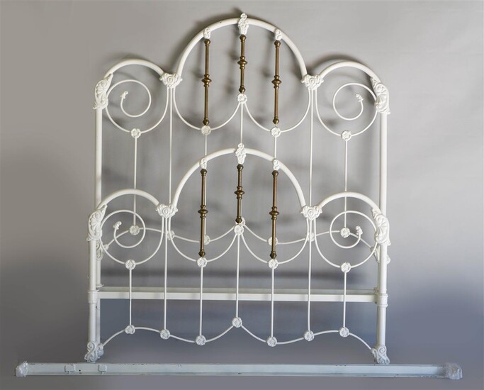 VICTORIAN STYLE WHITE PAINTED AND BRASS BED FRAME