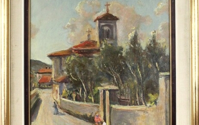Viale con figure, olio su tela, cm 40x50, entro cornice, Luigi Prada (1899)