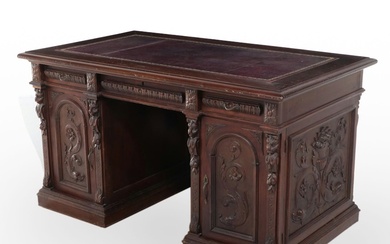 Victorian Carved Mahogany and Leather Top Kneehole Desk, Circa 1890