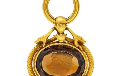Victorian Citrine 14 Karat Yellow Gold Hermes Intaglio Snake Antique Fob Pendant