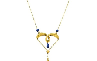 Victorian Etruscan Revival Lapis Lazuli 14 Karat Yellow Gold Swagged Necklace