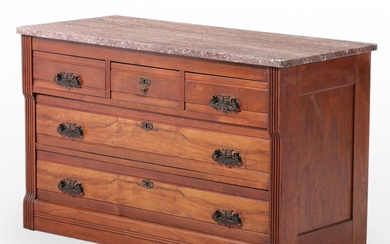 Victorian Walnut and Marble Top Five-Drawer Chest, Late 19th Century