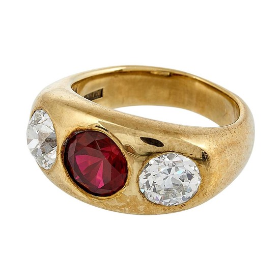 Victorian yellow gold, Old European cut diamond and synthetic ruby ladies ring size: 5 3/4