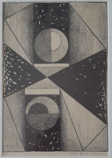 Vilhelm Bjerke-Petersen: Composition. Signed Vilh. Bjerke Petersen 74/150. Lithograph on paper. Framed. Visible size 23.5×16 cm. Frame size 38×28.5 cm.