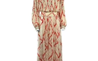 Vintage GALANOS Silk White and Red Swarovski Maxi Dress