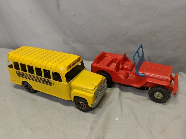 Vintage Marx Plastic Jeep & Hubley Metal School Bus