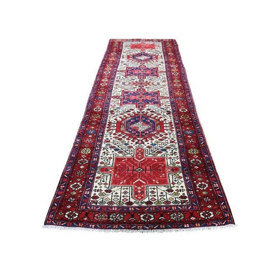 Vintage Persian Heriz Pure Wool Hand-Knotted Runner