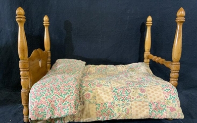 Vintage Wooden Doll Bed Frame w Hand Made Quilts