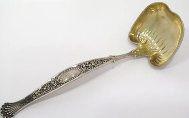 WHITING STERLING SILVER GILT ANTIQUE FLORAL ORNAMENT & SHAPE LADLE 12.5 iNCH