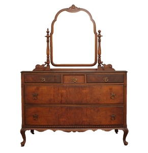 Walnut Vintage Queen Anne Style Dresser with Mirror