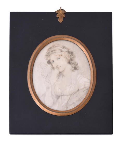 Y English School (18th century), Monochrome portrait miniature of a woman holding a mask