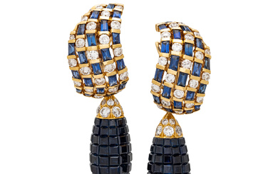 YELLOW GOLD, SAPPHIRE AND DIAMOND CONVERTIBLE CLIP EARRINGS