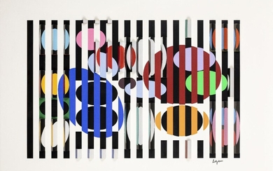 Yaacov Agam, Israeli b.1928- 2 + 3 = 4; screenprint in colour on pvc laid on plastic, signed in black ink, signed and numbered 7/36 in black ink verso, overall 63 x 90cm (unframed)