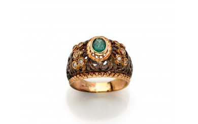 Yellow 9K gold and silver ring finished with diamonds and a central oval emerald, g 8.90 circa size 19/59. (slight...