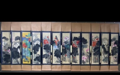 Zhang Daqian boutique hand-painted lotus picture twelve screens