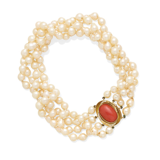 a cultured pearl, coral and diamond necklace