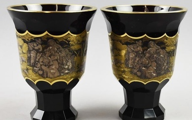 c1920 Moser Amethyst Glass, Gold Gilt Courting Couple Vases