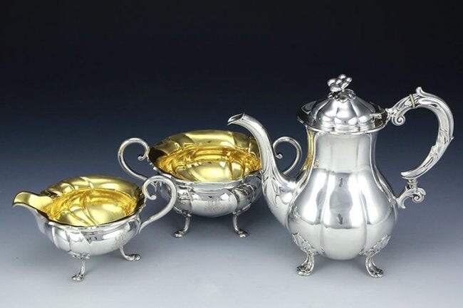 Danish goldplated sterling silver teapot threepiece set