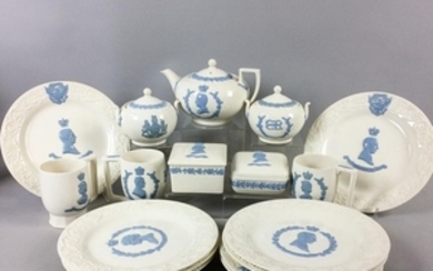 Nineteen Wedgwood Embossed Queens Ware Royal Commemorative Tableware Items. Estimate $400-600