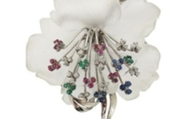 A rock crystal and gem set foliate brooch, designe…