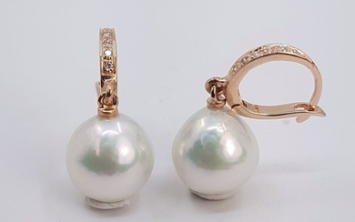 10.5mm White Edison Pearls - 0.09Ct Earrings - Rose gold