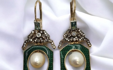14 kt. Gold - Earrings - Antique 14K ( 56 Russia Gold Mark) Pendant Earrings 1.2 Carats Diamonds Green Enamel Pearls and
