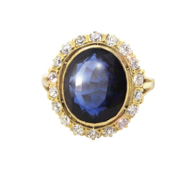 14 kt. Yellow gold - Anillo Victoriano 1880 - 1.40 ct Diamond - Sapphire