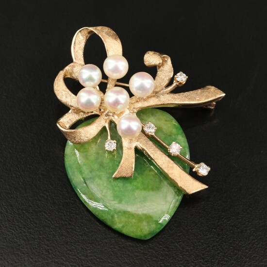 14K Gold Jadeite, Pearl and Diamond Ribbon and Heart Brooch