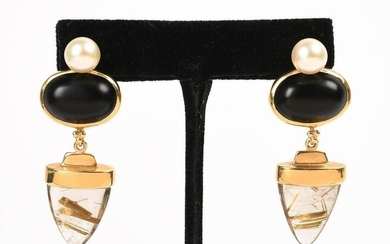 14K Gold, Pearl, Onyx and Clear Amber Earrings.