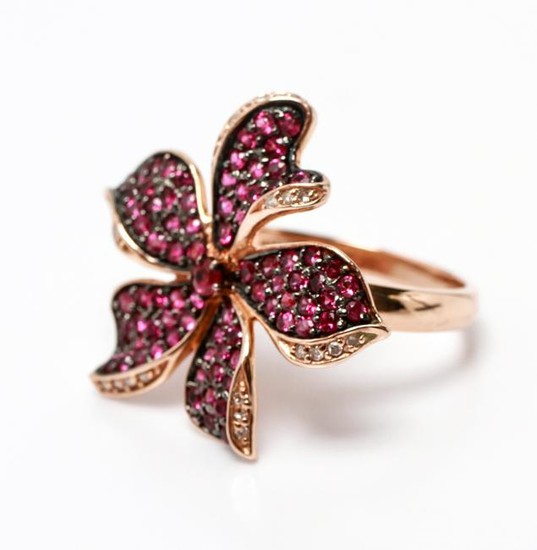 14K Rose Gold Rubies & Diamonds Flower Motif Ring