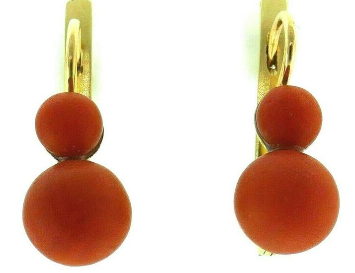 14K Yellow Gold Round Coral Drop Earrings Lever Back