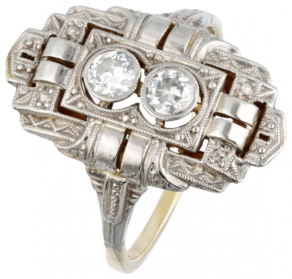 14K. Yellow gold and Pt 950 platinum openwork Art Deco ring set with approx. 0.26...