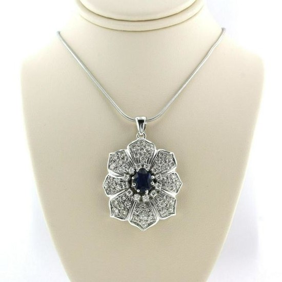 14k white gold necklace with pendant set with sapphire